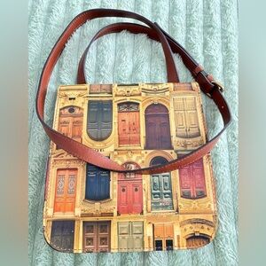 PATRICIA NASH GRANADA FLAP LEATHER CROSSBODY BAG “DOORWAYS TO ITALY” PRINT